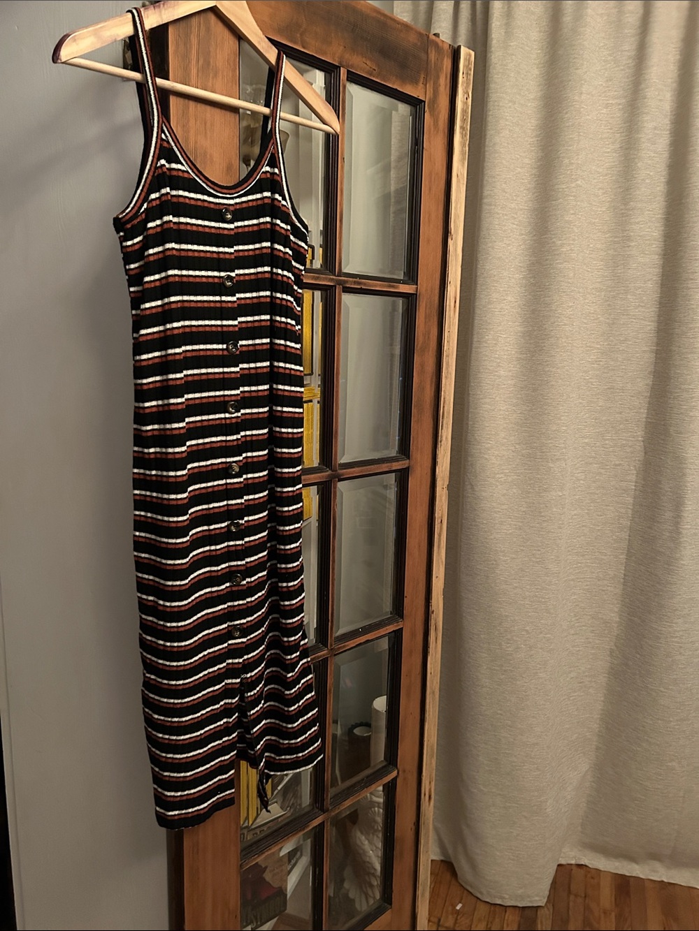 Striped Button-Front Midi Tank Dress in Black, White & Rust